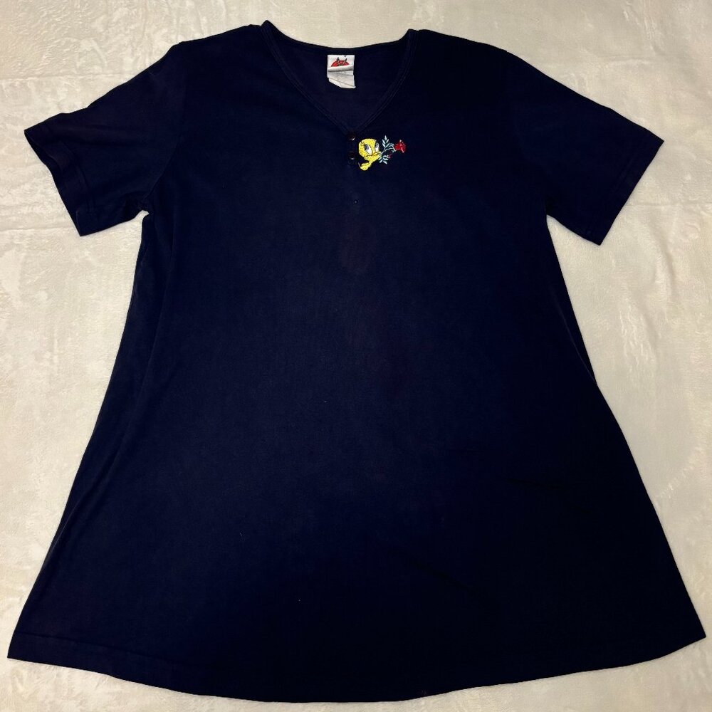 VTG 1999 Tweety Bird Shirt Women's Medium Blue Short Sleeve Blouse Looney Tunes